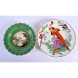 AN 18TH CENTURY DERBY SCALLOPED EXOTIC BIRD PLATE together with a Worcester plate by George Johnson.