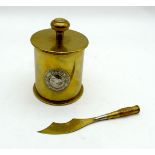 A WW1 trench art brass lidded barrel together with a bullet handled letter opener made by Staff Serg
