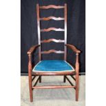 A vintage Elm ladder back upholstered dining chair 100 x 49 x 47cm.