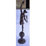 A LARGE 19TH CENTURY EUROPEAN SPELTER FIGURE OF MERCURY modelled upon a globe. 84 cm high.