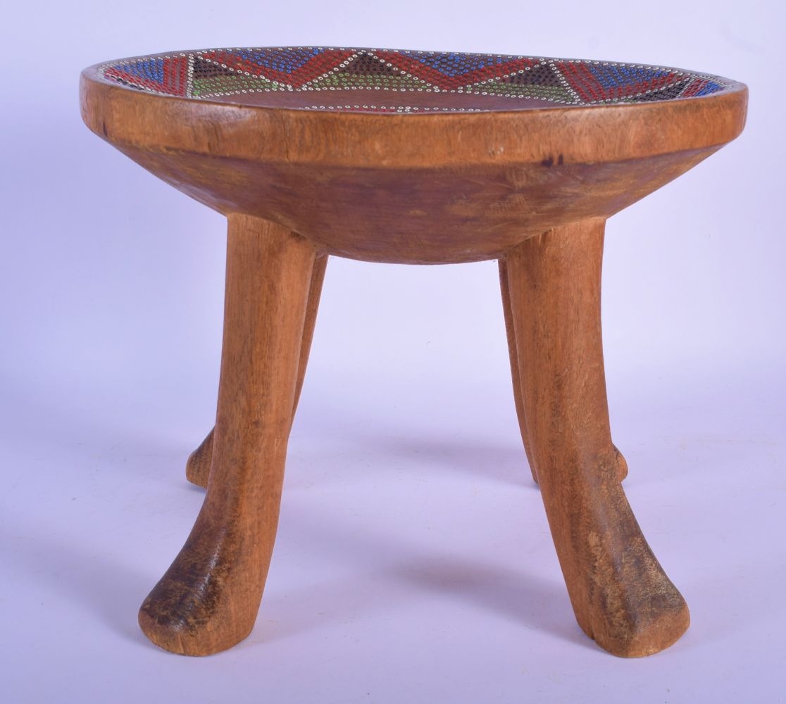AN EARLY 20TH CENTURY AFRICAN TRIBAL BEAD INSET KENYAN STOOL with splayed legs. 24 cm x 22 cm. - Image 2 of 4