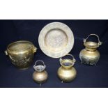 A collection of Chinese & Islamic brass bowls, jugs & a plate. 26cm (5)