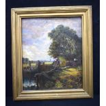 A large 19th Century framed oil on canvas depicting a canal scene. 59 x 49cm.