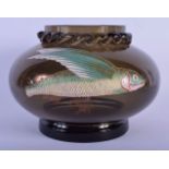 A STYLISH ANTIQUE ENAMELLED GLASS VASE unusually decorated with a flying fish. 17 cm x 15 cm.