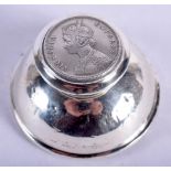 A SILVER COIN INKWELL. 99 grams overall. Birmingham 1922. 7 cm x 4 cm.