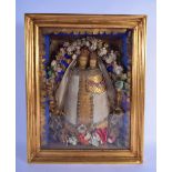 A RARE 19TH CENTURY WAX HEAD DIORAMA OF MADONNA AND CHILD within a framed casing. 48 cm x 34 cm.