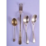 THREE SILVER SPOONS and a plated fork. Silver 44 grams. (4)