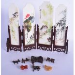 A CHINESE CARVED AND PAINTED MARBLE SCHOLARS SCREEN 20th Century, together with three hardstone anim