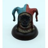 A small cold painted bronze inkwell model of a Pug wearing a jesters hat 7.5 cm.