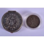 A VINTAGE SILVER PUTTI BOX and a Victorian coin. 60 grams. 5.5 cm wide. (2)