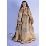 A RARE 18TH CENTURY EUROPEAN PAINTED WOOD STANDING DOLL modelled in period silk work robes. 63 cm hi