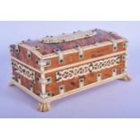 A 19TH CENTURY ANGLO INDIAN CARVED IVORY AND TORTOISESHELL CASKET modelled with paw feet. 12 cm x 6