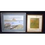 A framed watercolour by M Littlewood of a sea scape on Holy Island together with another picture 26