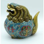 A lidded Cloisonne enamel censer in the form of a beast. 17 x 18cm (2)