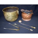 A antique large hammered brass bucket together with a copper coal skuttle and fire irons 30 x 39cm