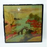 A Chinese reverse painted picture of a river scene 47 x 46 cm