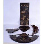 FIVE ANTIQUE CHINESE AND JAPANESE COUNTRY HOUSE LACQUERED SHELVES decorated with dragons and figures