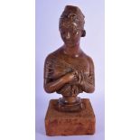 A 19TH CENTURY FRENCH PAINTED TERRACOTTA BUST OF A FEMALE After Houdon. 27 cm high.