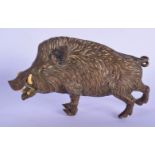 A 19TH CENTURY AUSTRIAN COLD PAINTED BRONZE FIGURE OF A HOG modelled with ivory tusks. 8 cm x 11 cm.