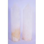 A PAIR OF CONTEMPORARY CARVED ROCK CRYSTAL OBELISKS. 24 cm high.