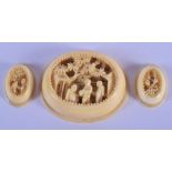 THREE 19TH CENTURY CHINESE CANTON IVORY PLAQUES. Largest 3.5 cm x 2.5 cm. (3)