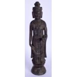 A CONTEMPORARY ASIAN BRONZE FIGURE OF A BUDDHISTIC DEITY modelled upon a lotus base. 31 cm high.