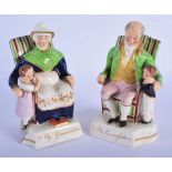 A PAIR OF EARLY 19TH CENTURY ENGLISH PORCELAIN FIGURES modelled as figures upon chairs. 17 cm high.