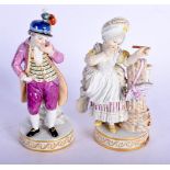 A PAIR OF 19TH CENTURY MEISSEN PORCELAIN FIGURES modelled upon a scrolling gilt bases. 16.5 cm high.
