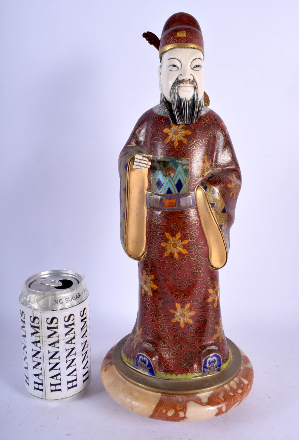 A LARGE EARLY 20TH CENTURY CHINESE CLOISONNE ENAMEL FIGURE OF A SCHOLAR with ivory head and hand. 37