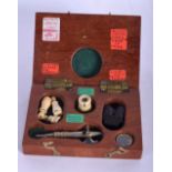 A BOX OF ANTIQUE TREASURES including a magnifying glass etc. 10 cm x 7 cm.