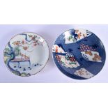 TWO 18TH CENTURY JAPANESE EDO PERIOD KAKIEMON DISHES painted with foliage and vines. Largest 18 cm w