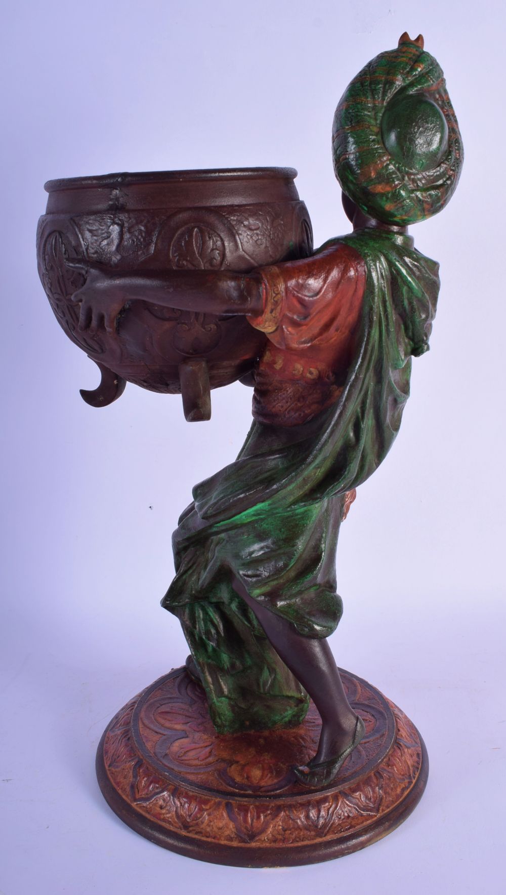 A 19TH CENTURY EUROPEAN PAINTED SPELTER FIGURE OF A MALE modelled wearing a turban holding a censer. - Image 3 of 5