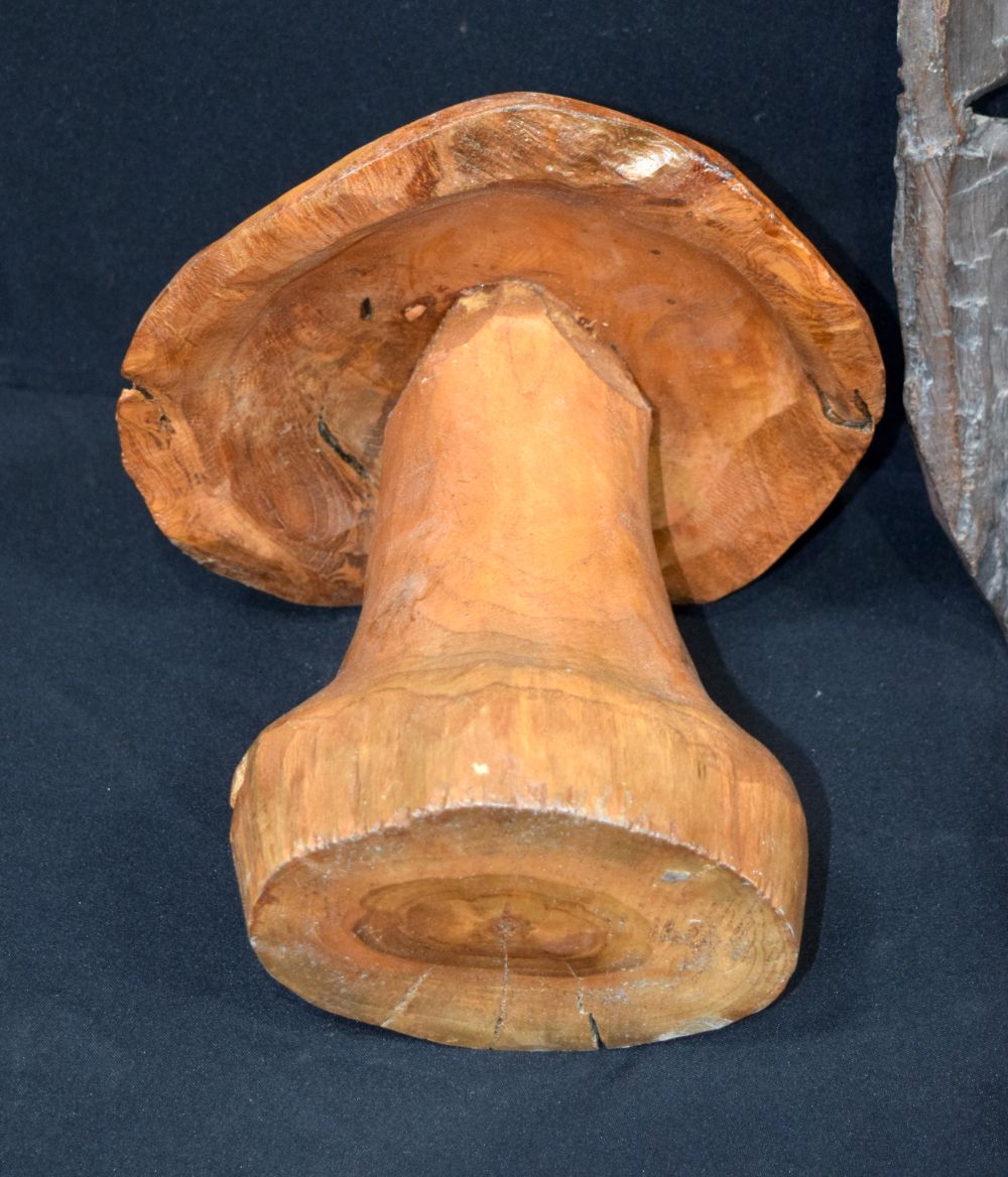 A large carved hardwood African mask, together with two carved wooden mushrooms and a small wooden t - Image 6 of 9