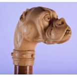 A 19TH CENTURY CONTINENTAL CARVED DOG HEAD WALKING CANE with turned wood shaft. 90 cm long.