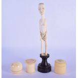 THREE 19TH CENTURY EUROPEAN CARVED IVORY BOXES AND COVERS together with a C1920 African ivory fertil