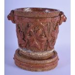A RARE 19TH CENTURY ENGLISH STONEWARE POTTERY JARDINIERE ON STAND decorated with vines. 22 cm x 18 c