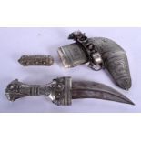 A 19TH CENTURY MIDDLE EASTERN OMANI JAMBIYA DAGGER overlaid with white metal. 36 cm long. 26 cm long