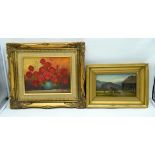 A small framed oil on canvas of a study of red roses by Hilda Glegg together with another oil on boa