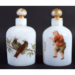 A RARE PAIR OF VICTORIAN OPALINE SCENT BOTTLES AND STOPPERS painted with a chinaman and birds. 13 cm