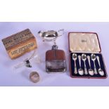 A VINTAGE SILVER PLATED HIP FLASK together with spoons etc. (qty)