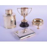 AN ART DECO SILVER TEA CADDY together with a silver trophy etc. Silver 250 grams. Birmingham 1900 an