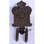 A RARE EARLY 20TH CENTURY BAVARIAN BLACK FOREST TIN FRONTED CLOCK with hanging acorn weights. Clock