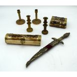 A miscellaneous collection of bone boxes, small bronze candlesticks & a dagger. 29cm (7)