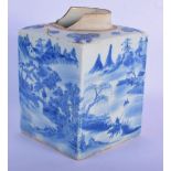 A LARGE 18TH CENTURY CHINESE BLUE AND WHITE PORCELAIN TEA CANISTER Qianlong/Jiaqing, painted with la