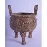 AN UNUSUAL 19TH/20TH CENTURY CHINESE TWIN HANDLED BRONZE CENSER Qing, decorated with calligraphy. 17