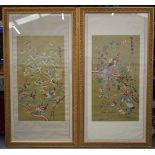 A VERY LARGE PAIR OF EARLY 20TH CENTURY JAPANESE TAISHO PERIOD SILK EMBROIDERED PANELS. Image 125 cm
