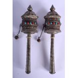 TWO VINTAGE TIBETAN CORAL AND TURQUOISE PRAYER WHEELS. 22 cm long. (2)