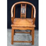A 19TH Century Chinese carved wood horse shoe back chair, Qing, modelled in the Ming style, inset wi