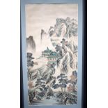 A large framed Chinese watercolour depicting a landscape scene. 114 x 57cm