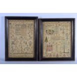 A PAIR OF LATE 18TH/19TH CENTURY ENGLISH FRAMED EMBROIDERED SAMPLERS decorated with houses, figures